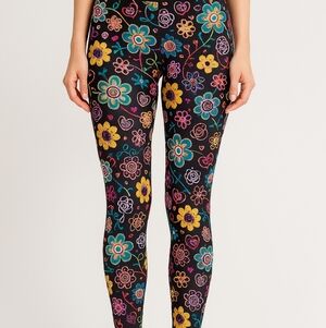 Bula Leggings Size Large Floral Stretch Thick Black Logo Waistband